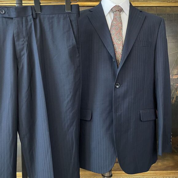 Fatto a Mano 42R 38 x 30 2 Piece Black Herringbone Weave Striped 3 Roll 2 Suit‎